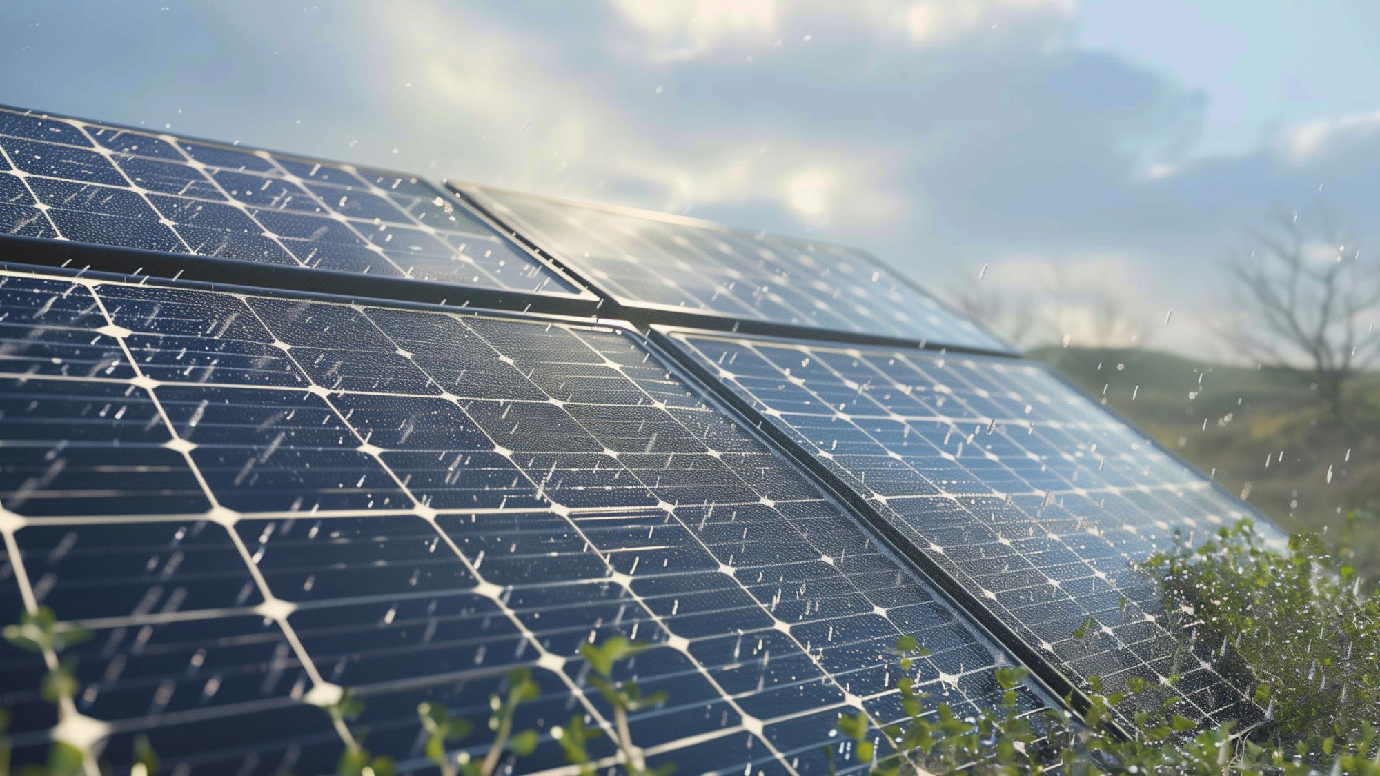 Close-up of solar panels with a cloudy sky in the background, glistening with water droplets, surrounded by greenery.